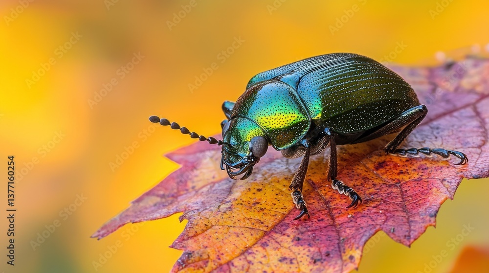 Emerald beetle on autumn leaf, blurred fall background Emerald beetle on autumn leaf, blurred fall background