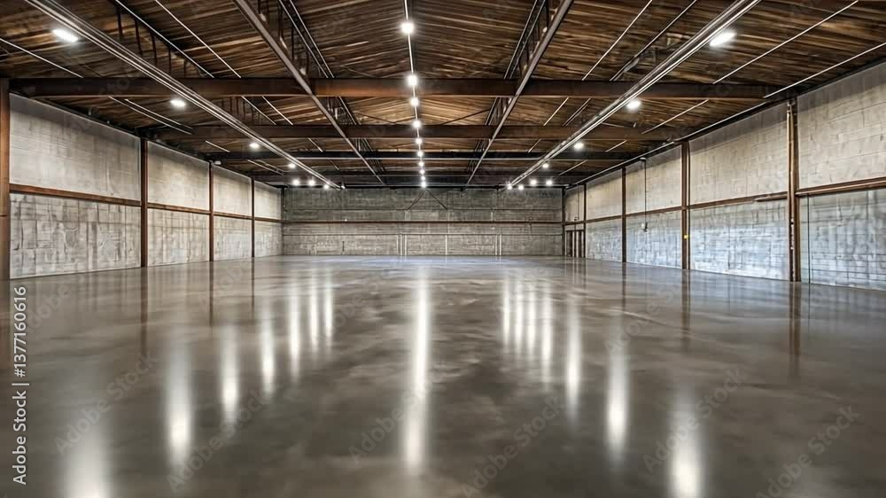 Spacious Warehouse Interior: A vast, empty warehouse with polished concrete floors and high ceilings, bathed in the warm glow of overhead lighting, offering a sense of space and industrial aesthetic. Spacious Warehouse Interior: A vast, empty warehouse with polished concrete floors and high ceilings, bathed in the warm glow of overhead lighting, offering a sense of space and industrial aesthetic.