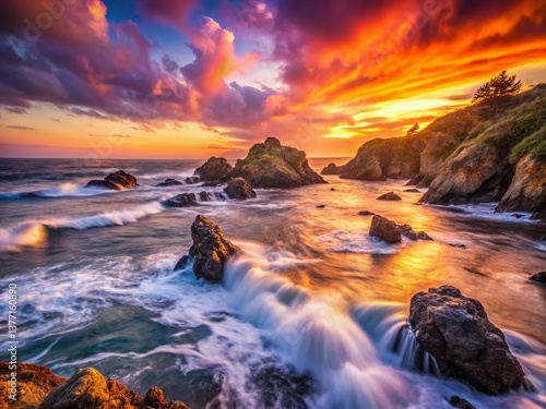 California Coastline Long Exposure, Dramatic Ocean Waves Crashing on Rocky Shore at Sunset