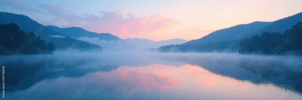 Soft blue mist rises from a serene lake at dawn, serene, atmosphere, light blue abstract background Soft blue mist rises from a serene lake at dawn, serene, atmosphere, light blue abstract background