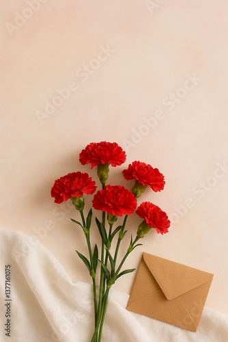 Red carnations with kraft envelope on soft background – 柔らかな背景に赤いカーネーションとクラフト封筒（縦構図）