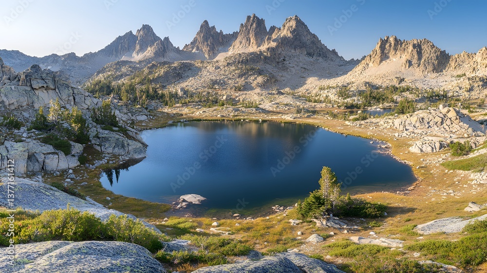 Fototapeta premium Picturesque lake framed by rocks and lush trees creating a stunning natural landscape that evokes peace and serenity