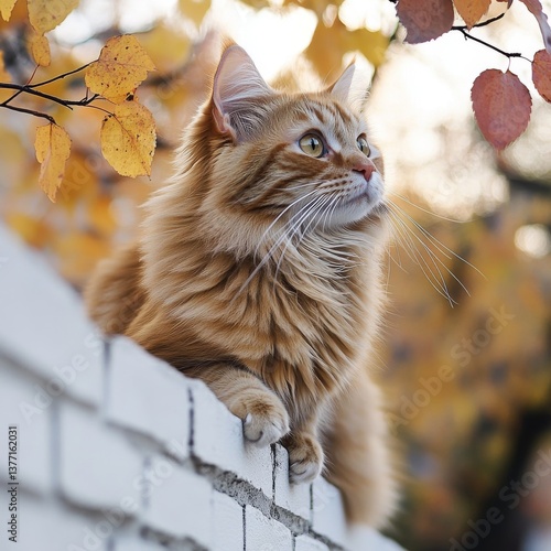 Wallpaper Mural Fluffy Ginger Cat Sitting on a White Brick Wall in Autumn Torontodigital.ca