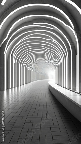 Modern Minimalist Hallway with Arched Neon Lights and Reflection