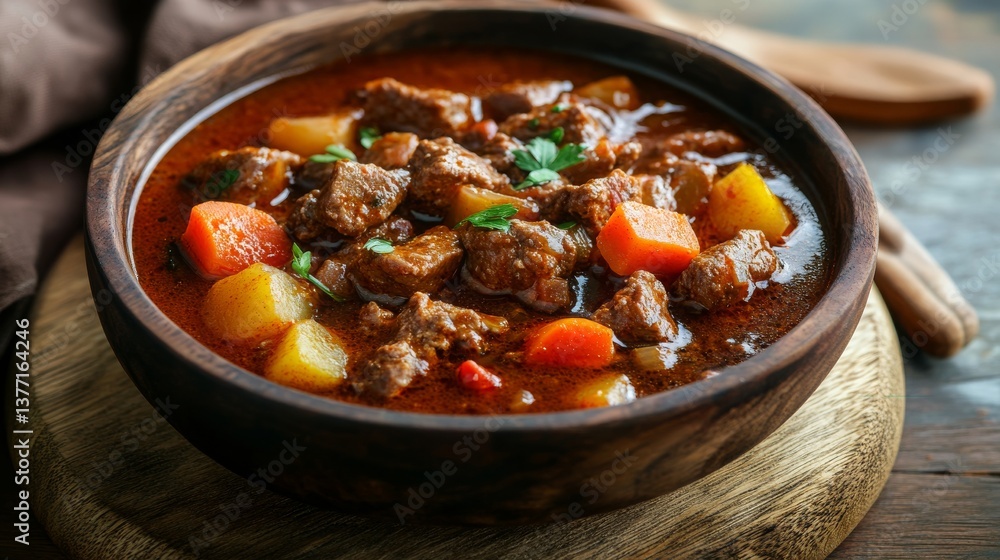 Warm and Hearty Beef Stew with Vegetables in a Rustic Wooden Bowl on a Wooden Table Perfect for Comfort Food Photography and Culinary Inspiration Warm and Hearty Beef Stew with Vegetables in a Rustic Wooden Bowl on a Wooden Table Perfect for Comfort Food Photography and Culinary Inspiration