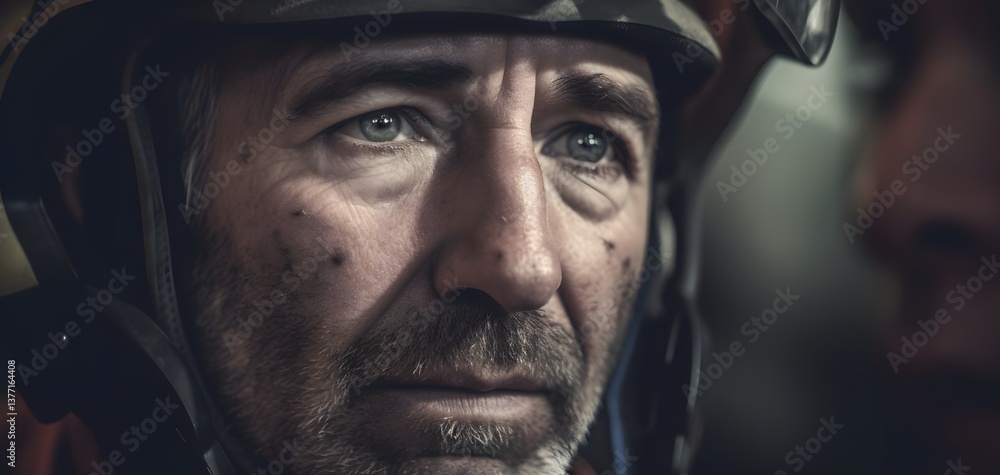 Close-up of a weathered man wearing a helmet, possibly a first responder or someone in a demanding profession, reflecting a look of intensity. Close-up of a weathered man wearing a helmet, possibly a first responder or someone in a demanding profession, reflecting a look of intensity.
