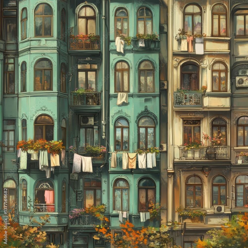 Fototapeta premium Charming turkish style apartment building adorned with colorful flower baskets for urban aesthetic and decor