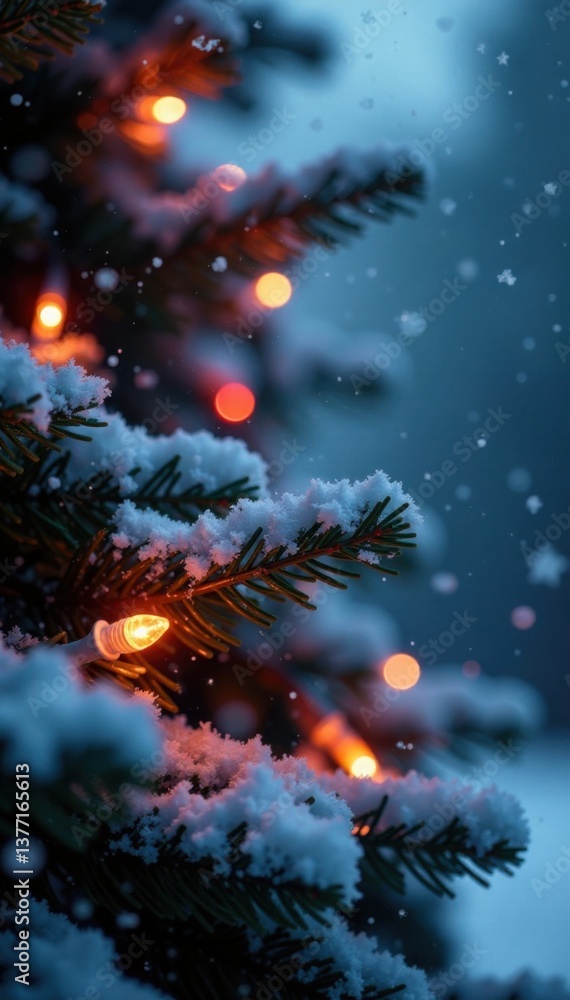 Fototapeta premium Sparkling icicles and snowflakes dance around colorful Christmas light bundle on evergreen branch, , outdoor ambiance, winter wonderland