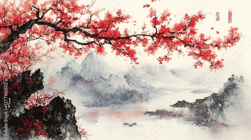 Red Blossom Tree with Misty Mountain Lake.