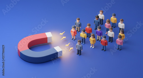 A powerful magnet draws a diverse crowd, symbolizing the irresistible allure of a captivating opportunity on a vibrant blue background.