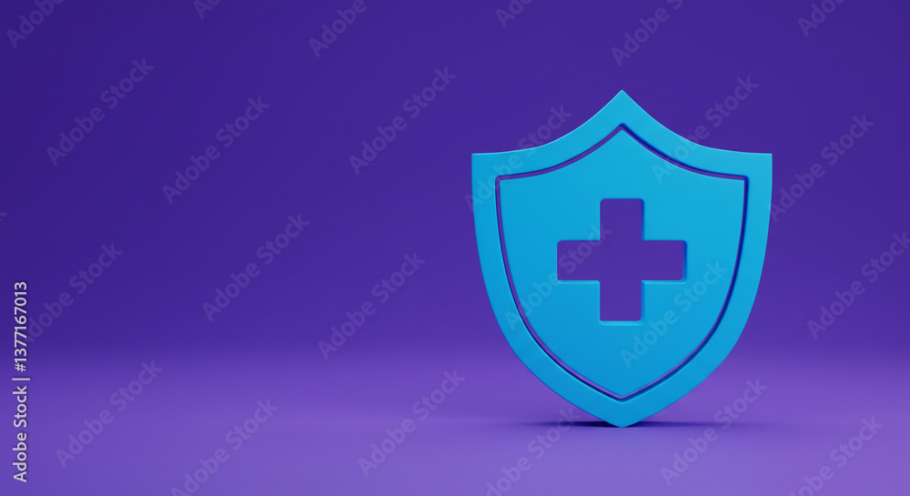 Obraz premium A strong blue shield emblem representing health protection and safety, a symbol of secure wellbeing against a calming purple background.