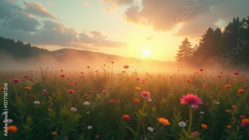 Wallpaper Mural Misty meadow with yellow wildflowers at sunrise near forest and glowing sky	 Torontodigital.ca