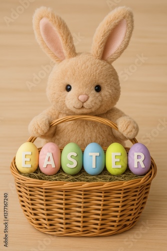 Happy Easter, Stuffed Bunny with Dyed Eggs that Spell Easter