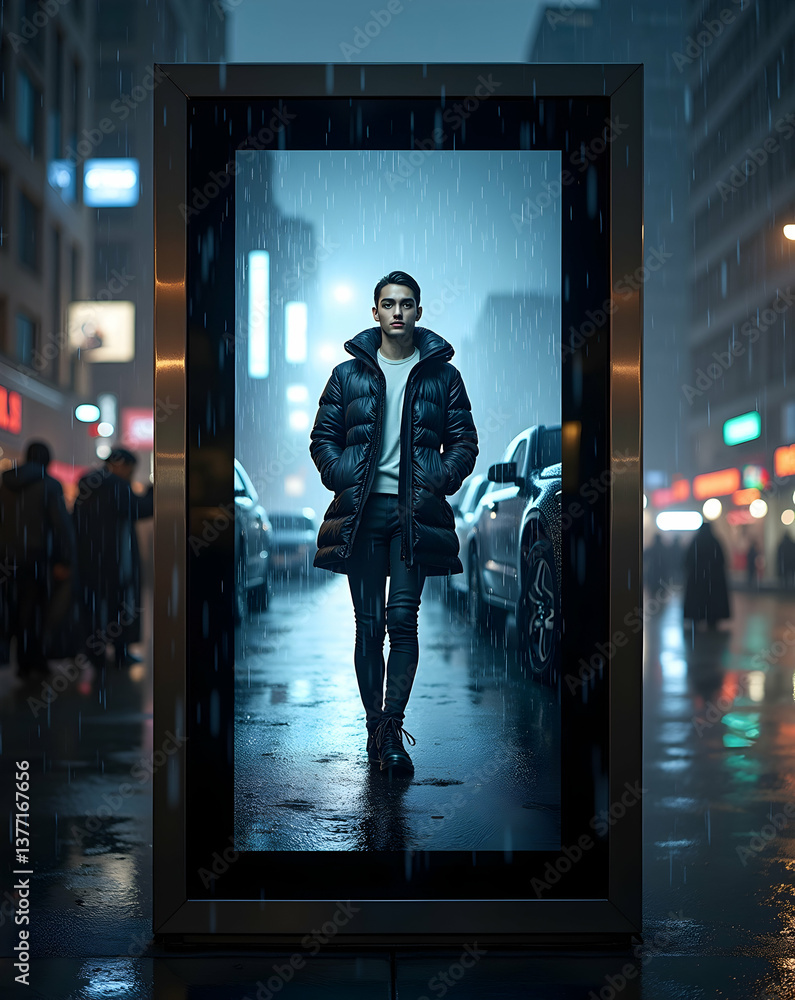 Obraz premium Sleek Smart Glass Display Showcasing a Person on a Rainy City Street, Creating a Modern and Technological Ambiance with Reflections and Cityscapes