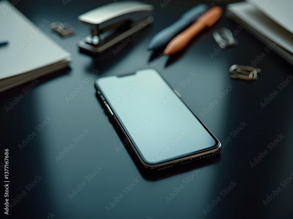 Sleek Smartphone on Desk, A Modern Device with Blank Screen Surrounded by Office Supplies, Perfect for Mockups and Contemporary Tech Visuals