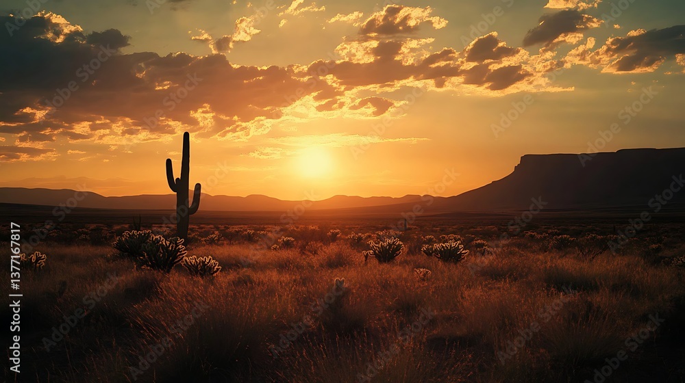 Fototapeta premium Desert Sunset with Cactus Silhouette. (24)