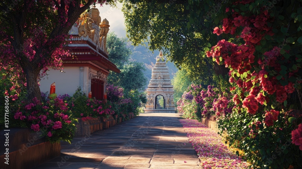 A picturesque path leading to the Chamundeshwari temple adorned with flowers A picturesque path leading to the Chamundeshwari temple adorned with flowers