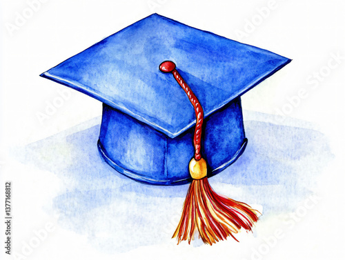 Watercolor graduation cap clipart academic achievement tassel hat ceremony celebration school university student success diploma education blue accessory isolated symbol milestone colorful background