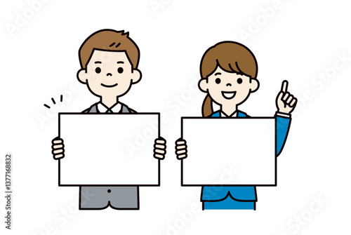 白いフリップを持つ、若い男女の会社員のベクターイラスト素材＿＿線の編集可能＿カラー