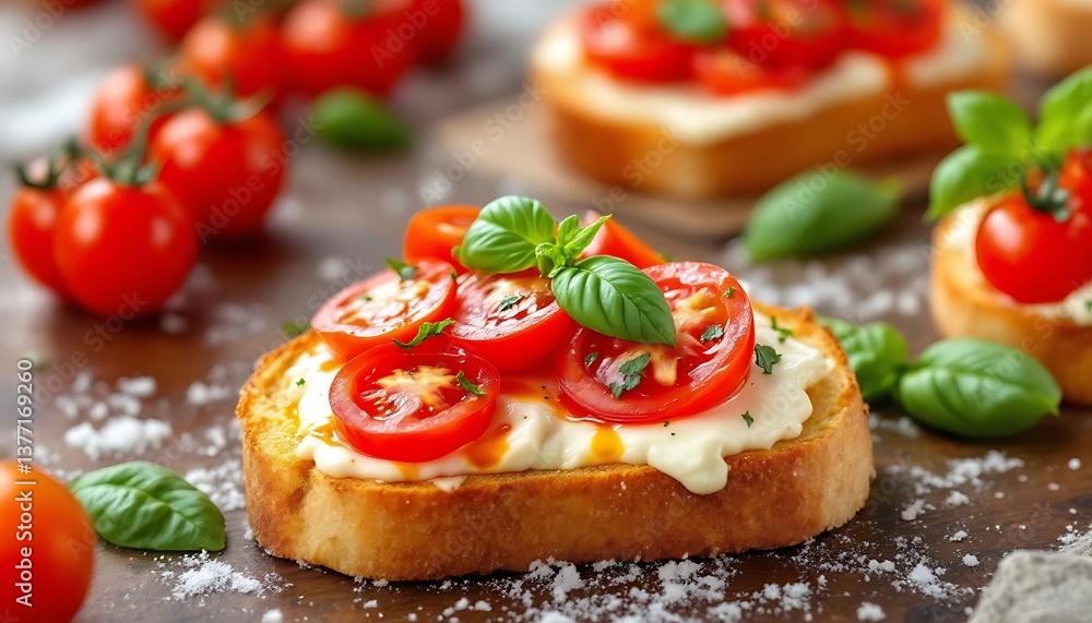 Tomato Bruschetta with Cream Cheese and Basil on Rustic Wood Table Tomato Bruschetta with Cream Cheese and Basil on Rustic Wood Table