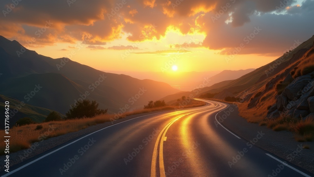 Fototapeta premium Empty winding road through mountain valley at sunset with glowing sky and no people 