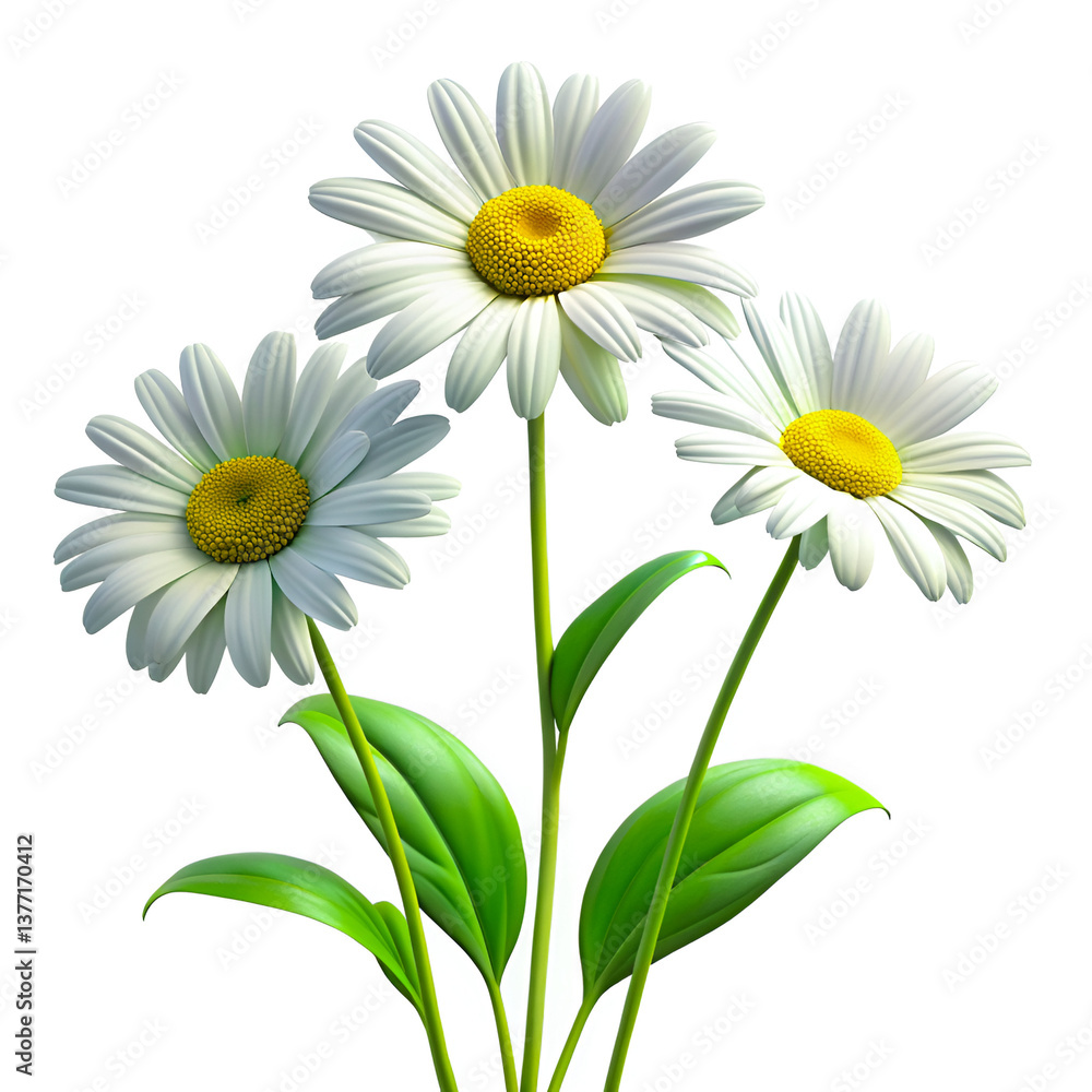 Fototapeta premium Isolated white daisies bloom with yellow centers, capturing summer's floral beauty