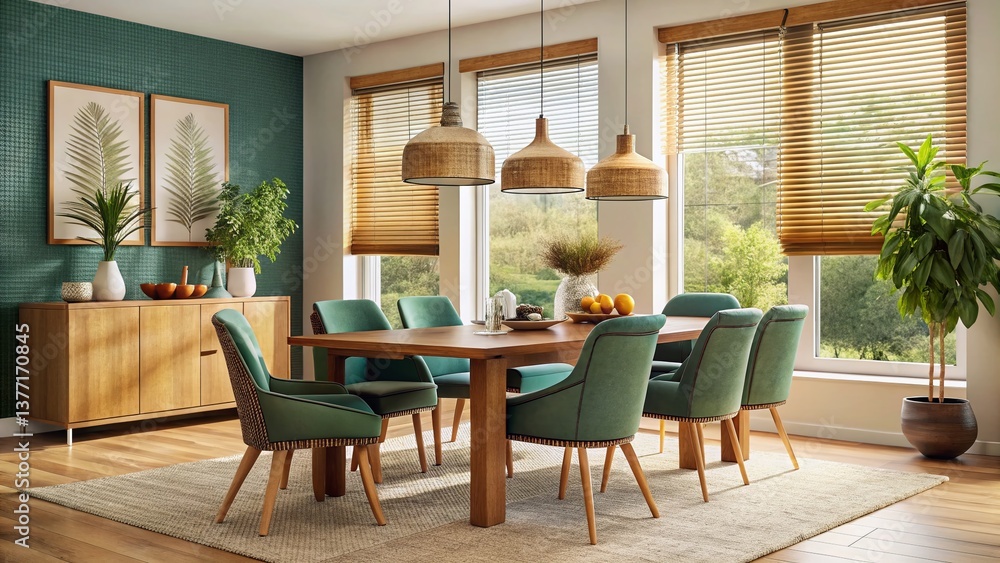 Fototapeta premium Contemporary Earth-Tone Dining Room: Natural Wood Table & Fabric Chairs