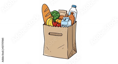 Groceries in Brown Paper Bag with Fresh Produce and Dairy Items