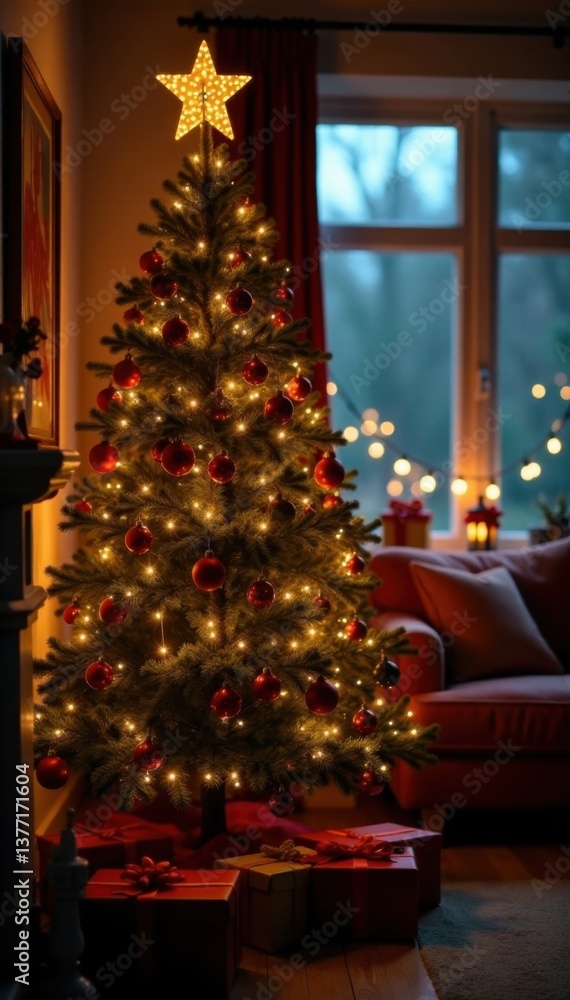 Twinkling lights on a Christmas tree in a cozy room, interior, festive Twinkling lights on a Christmas tree in a cozy room, interior, festive