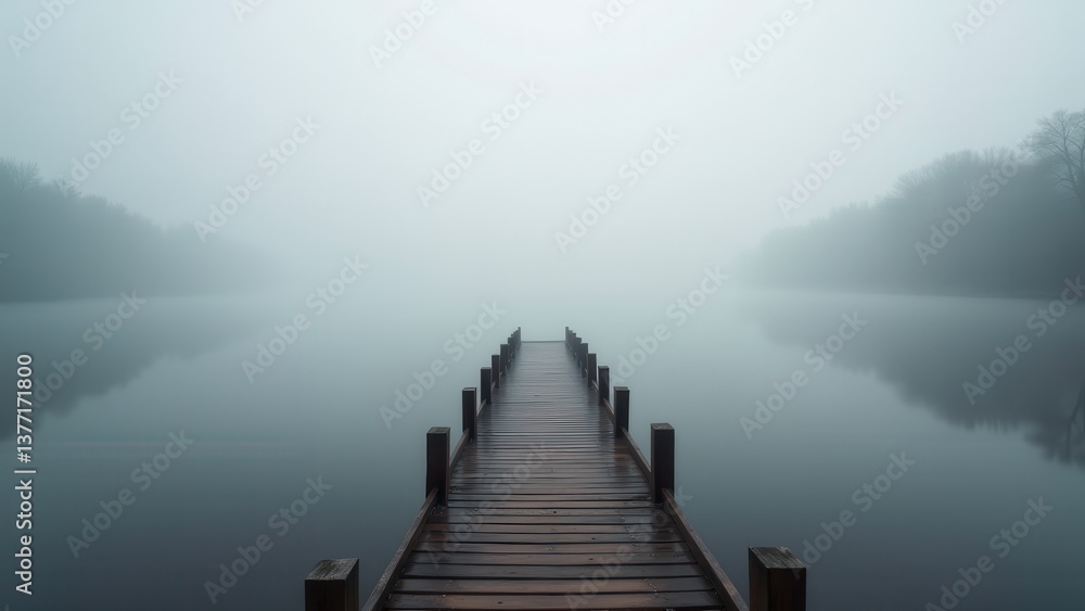 Wooden dock stretching into calm misty lake with fog obscuring distant shoreline and no people Wooden dock stretching into calm misty lake with fog obscuring distant shoreline and no people