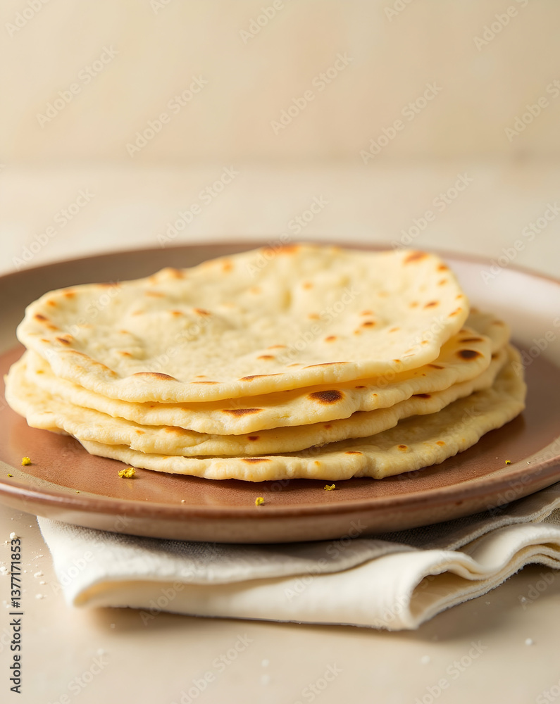 Stack of freshly prepared and appetizing soft tortillas on a plate, capturing their delicate texture and inviting appearance, ready to be filled and enjoyed Stack of freshly prepared and appetizing soft tortillas on a plate, capturing their delicate texture and inviting appearance, ready to be filled and enjoyed
