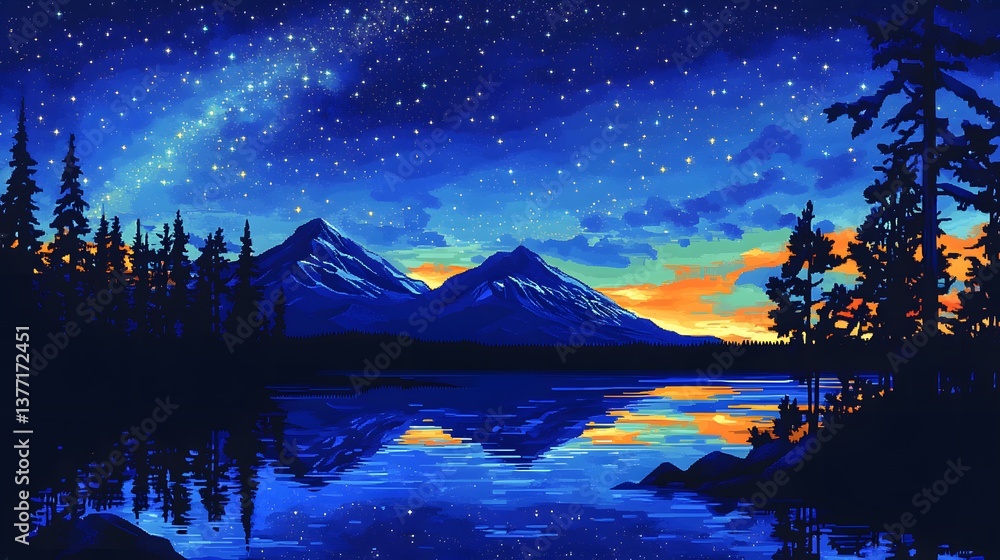 Fototapeta premium Serene lake surrounded by majestic mountains and lush trees under a starry night sky with a peaceful atmosphere 