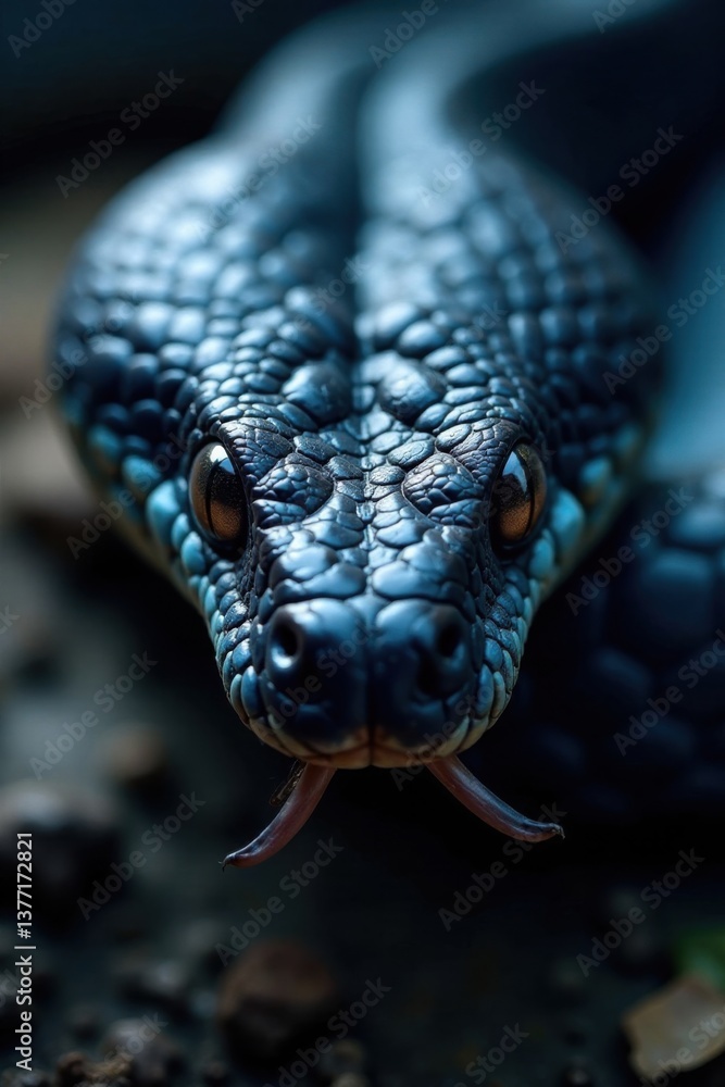 Fototapeta premium Venomous snake's facial features, dark blue scales, sharp fangs, reptile, wildlife