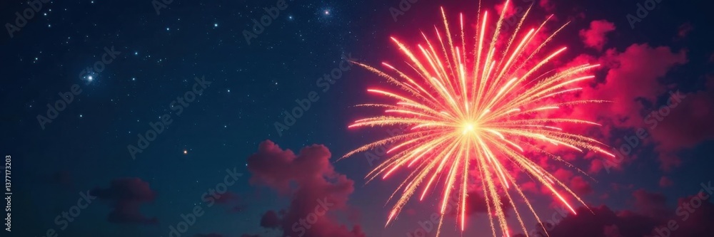 Obraz premium Vibrant firework explosion in sky with starburst shape, sky, explosion