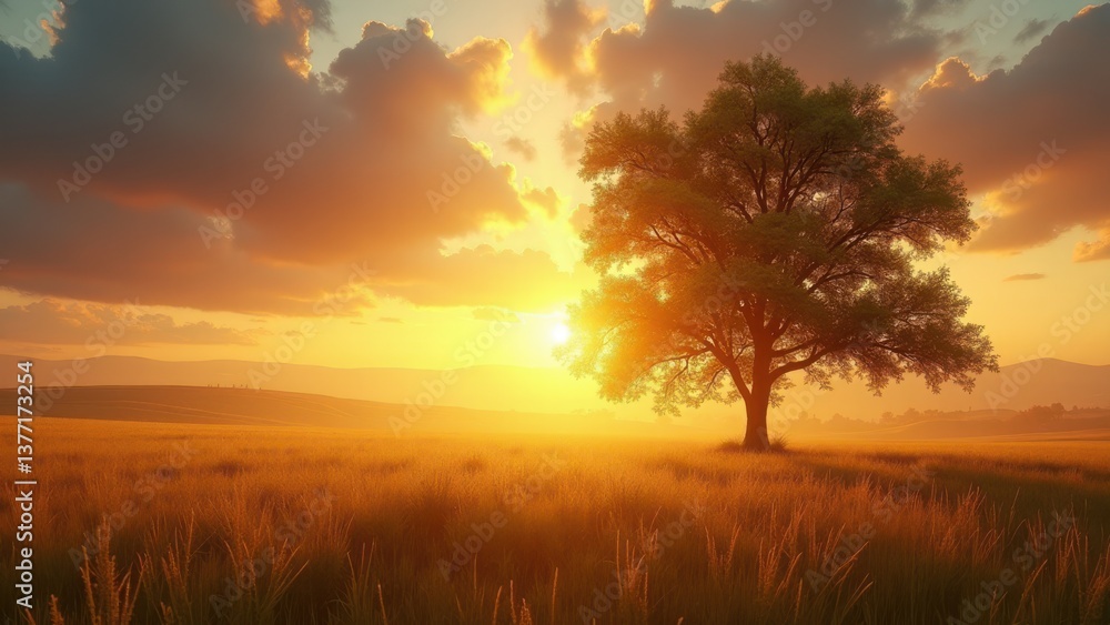 Lone tree in open field at sunset with dramatic sun rays and golden clouds in rural landscape Lone tree in open field at sunset with dramatic sun rays and golden clouds in rural landscape