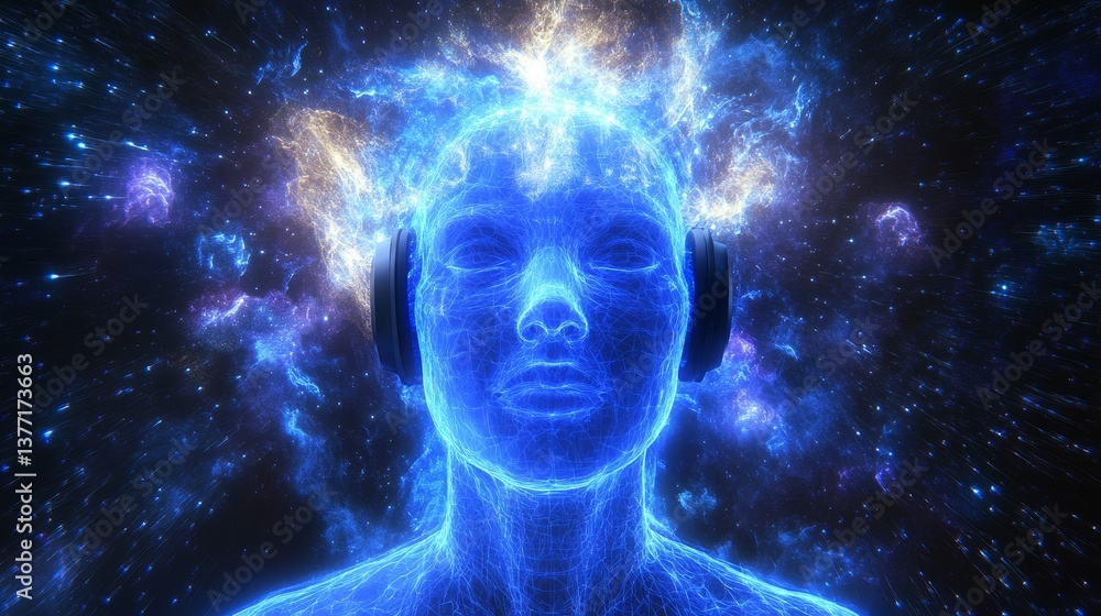 Futuristic digital art depicting abstract human-like figure with cosmic elements Futuristic digital art depicting abstract human-like figure with cosmic elements