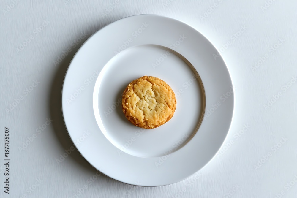 Single cookie on white plate, overhead view, delicious treat, sweet indulgence and dessert Single cookie on white plate, overhead view, delicious treat, sweet indulgence and dessert