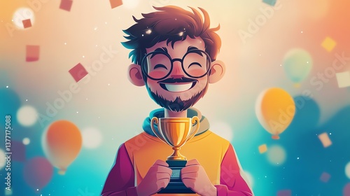 Joyful winner celebrating with a trophy.