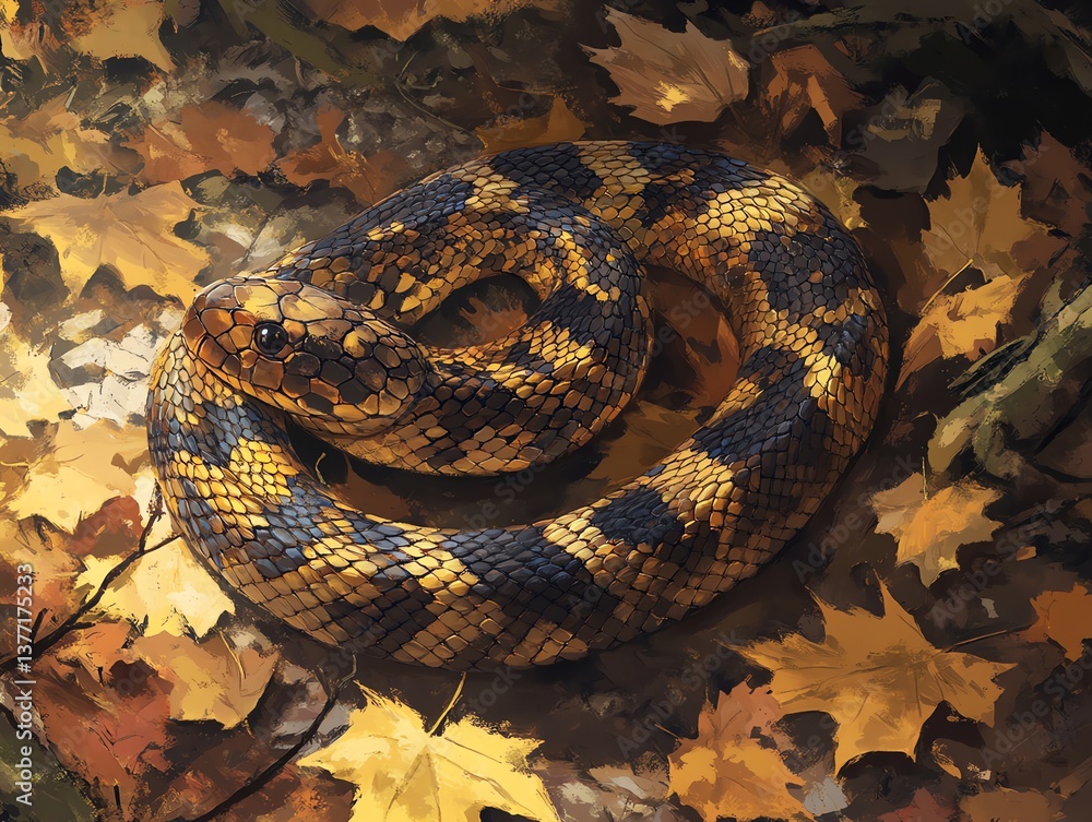 Obraz premium Coiled Snake Resting on Fallen Leaves in Autumn Forest Setting