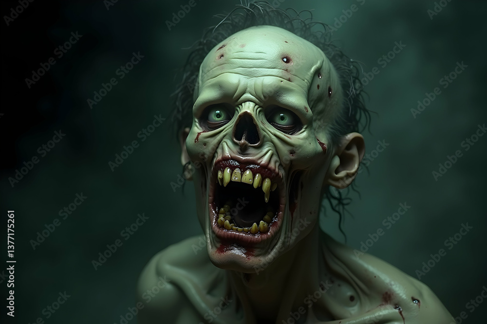 Terrifying Zombie Portrait, A Grotesque Grinning Creature with Jagged Yellowed Teeth, Perfect for Halloween, Horror Themes and Undead Digital Art Projects Terrifying Zombie Portrait, A Grotesque Grinning Creature with Jagged Yellowed Teeth, Perfect for Halloween, Horror Themes and Undead Digital Art Projects