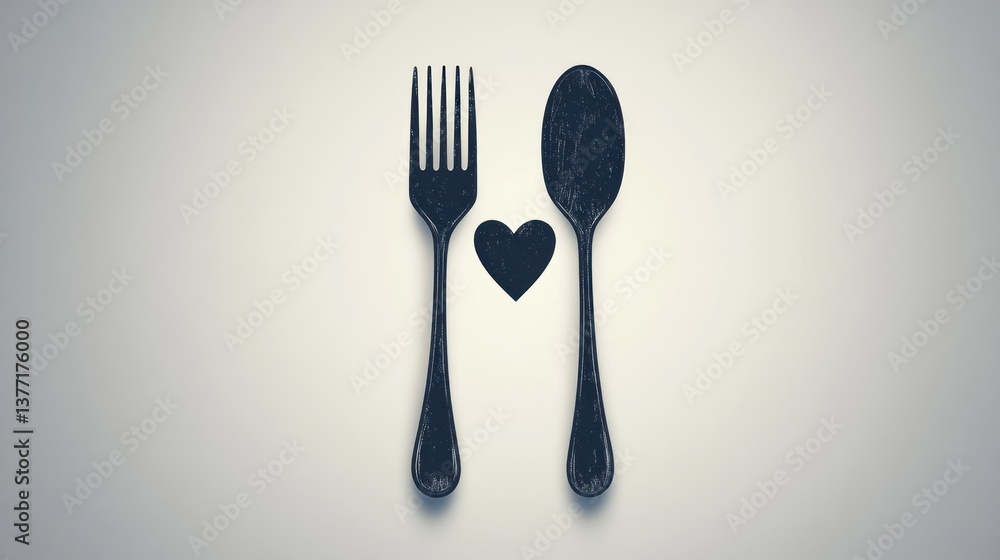 Black Fork and Spoon with Heart, Flat Lay Black Fork and Spoon with Heart, Flat Lay