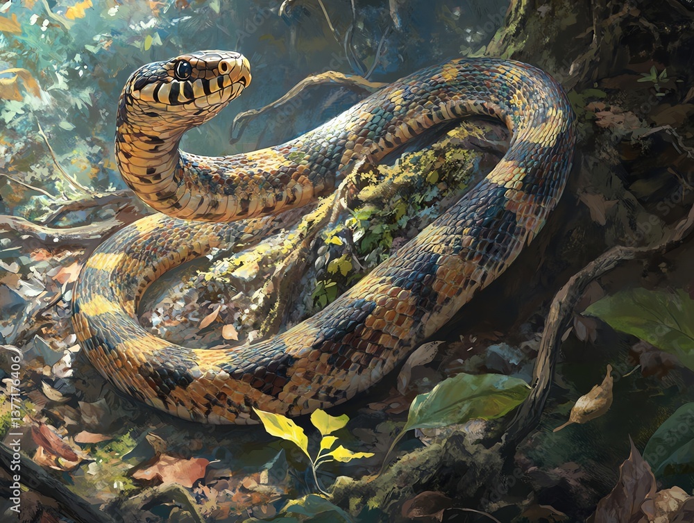 Fototapeta premium Snake Coiling on Mossy Ground in Nature Illustration with Artistic Rendering