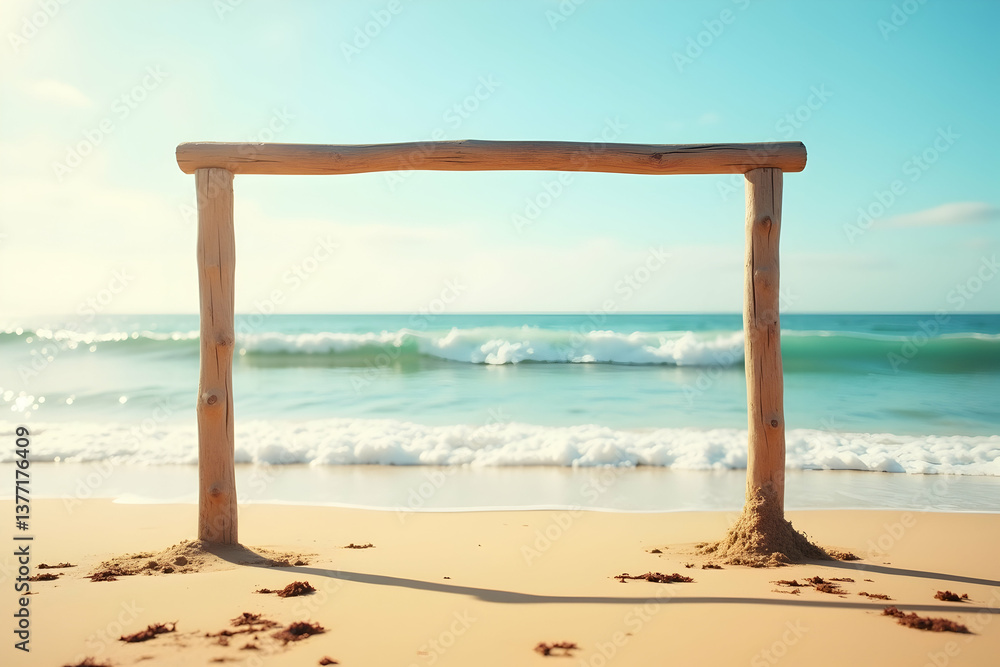 Tranquil beach scene featuring a rustic wooden frame, inviting viewers to contemplate the serene ocean waves and the warm, golden sand under a clear, azure sky Tranquil beach scene featuring a rustic wooden frame, inviting viewers to contemplate the serene ocean waves and the warm, golden sand under a clear, azure sky