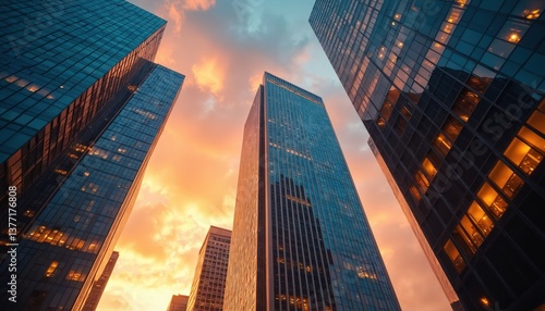 Fototapeta Naklejka Na Ścianę i Meble -  AI-generated image skyscrapers reaching towards sky with sunset clouds. Architecture, modern buildings, urban scene, downtown skyline, cityscape, construction. Glass facade windows reflecting warm