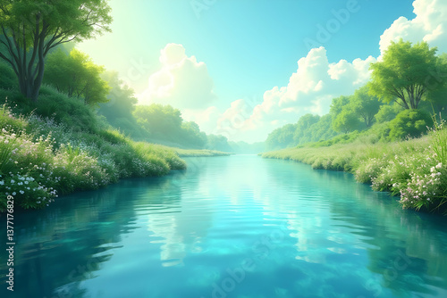 Tranquil River Scene, A serene and crystal-clear river reflects the soft sky and fluffy white clouds, framed by lush green vegetation and wildflowers on its banks