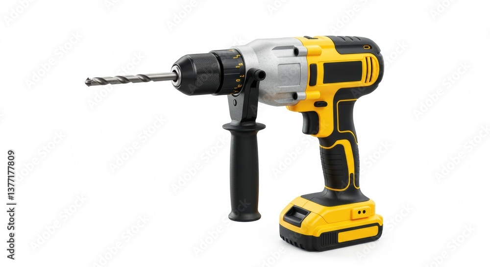 Yellow and Black Cordless Drill with Drill Bit on White Background Yellow and Black Cordless Drill with Drill Bit on White Background