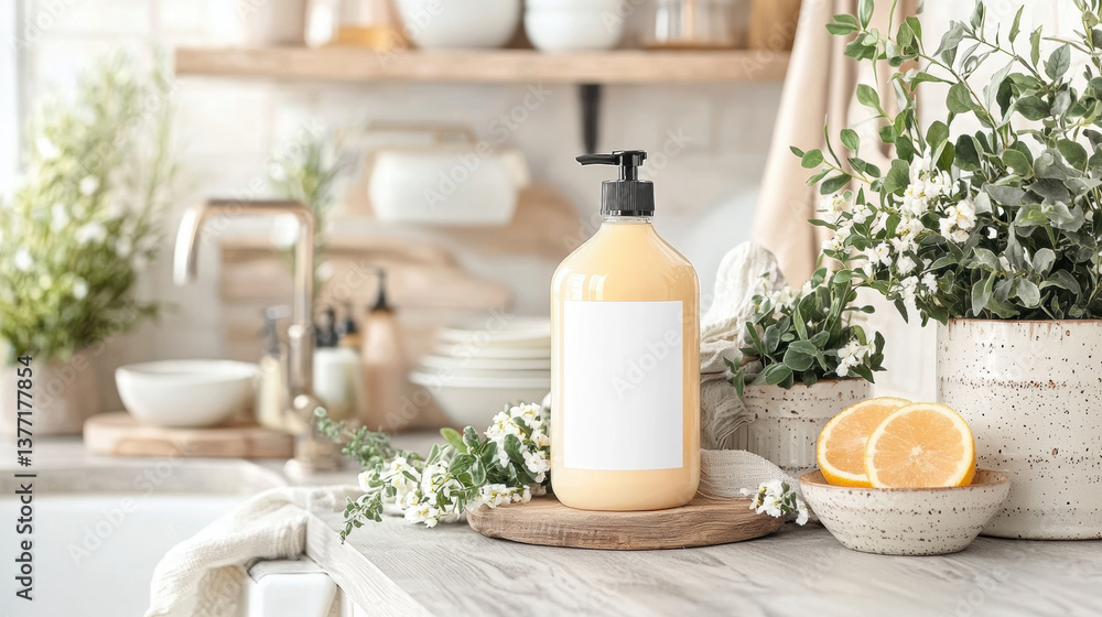 dishwashing liquid bottle with blank label sits on wooden tray in bright kitchen. Surrounding it are fresh plants, dishes, and sliced oranges, creating fresh and inviting atmosphere dishwashing liquid bottle with blank label sits on wooden tray in bright kitchen. Surrounding it are fresh plants, dishes, and sliced oranges, creating fresh and inviting atmosphere