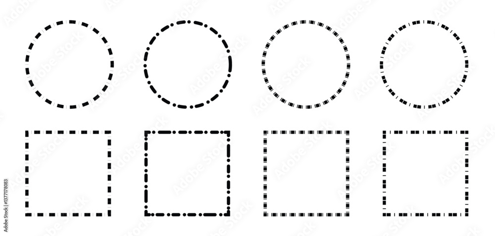 Simple dashed circle and rectangle set on white background. Vector icons in flat style. Simple dashed circle and rectangle set on white background. Vector icons in flat style.