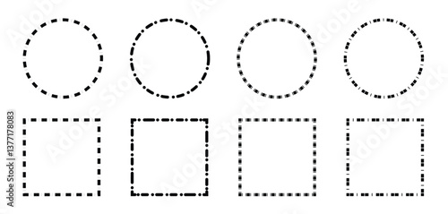 Simple dashed circle and rectangle set on white background. Vector icons in flat style.