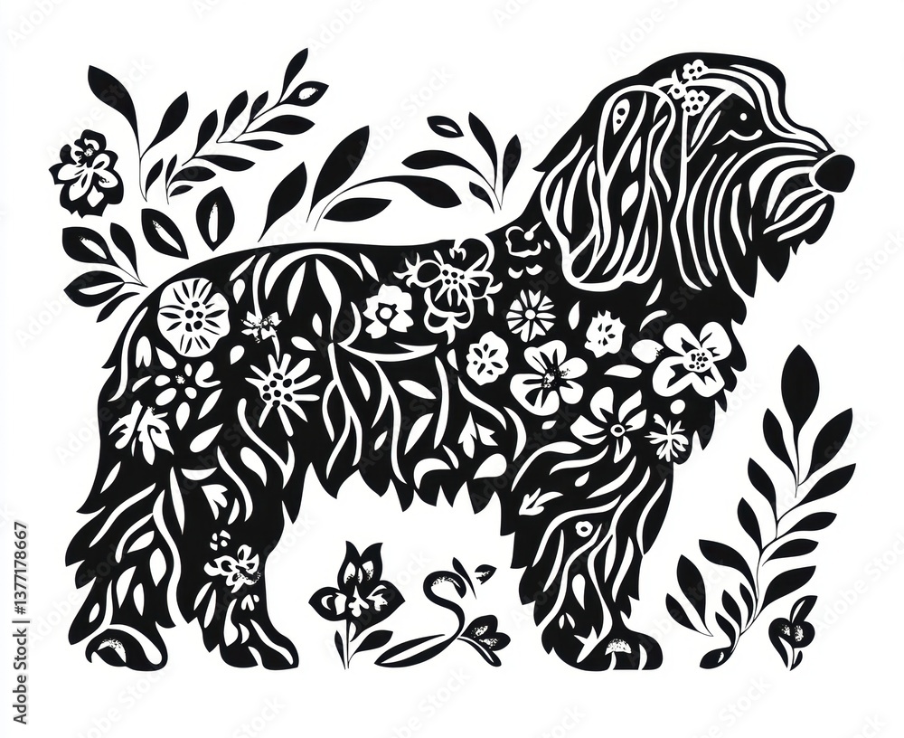 Obraz premium Silhouette of a playful goldendoodle surrounded by colorful flowers and leaves against a white background